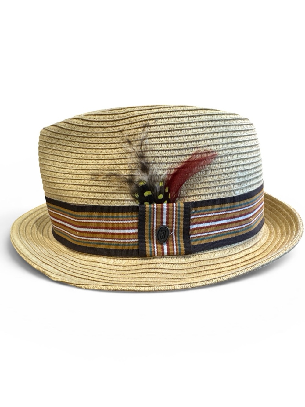 Jaxon Tokyo Straw Hat with Multicolor Stripe Band and Feather